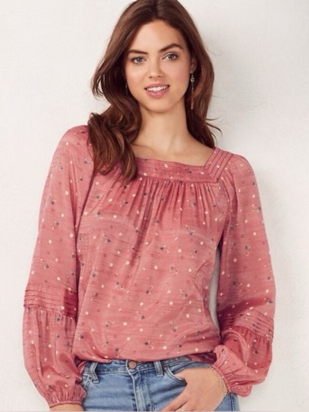 LC Lauren Conrad Mauve Square Neck Polka-Dot Floral Peasant Blouse Rayon